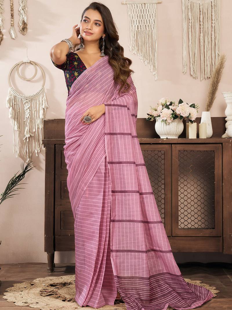 Coral pink linen paisley & geomatric printed ready to wear saree