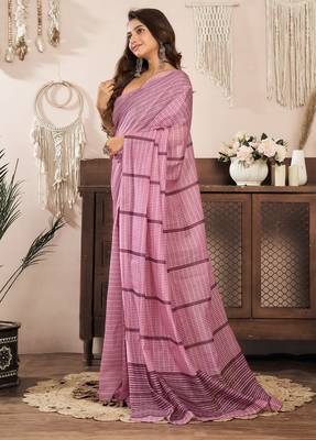 Coral pink linen paisley & geomatric printed ready to wear saree 3