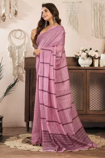 Coral pink linen paisley & geomatric printed ready to wear saree