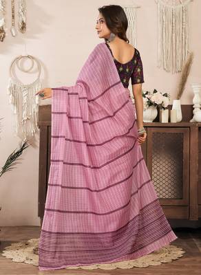 Coral pink linen paisley & geomatric printed ready to wear saree 4