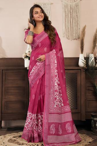 Pink linen floral printed ready to wear saree