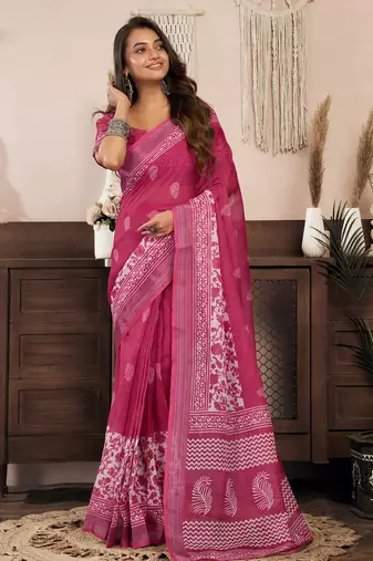 Pink linen floral printed ready to wear saree