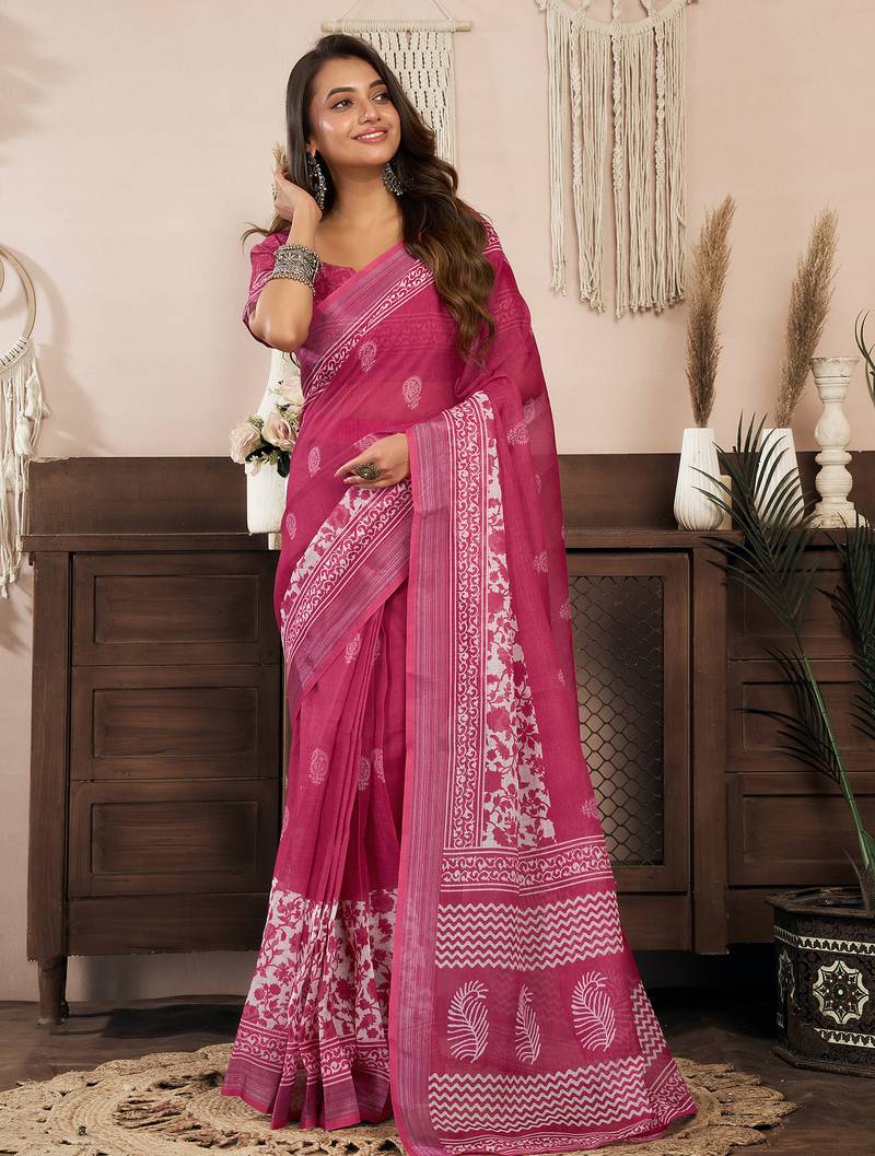 Pink linen floral printed ready to wear saree