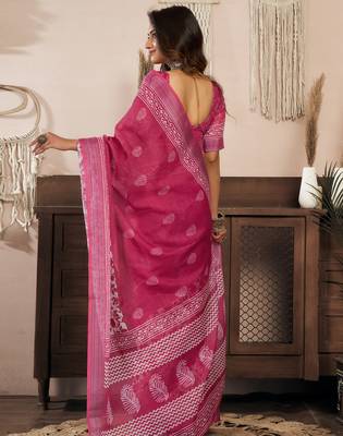 Pink linen floral printed ready to wear saree 4