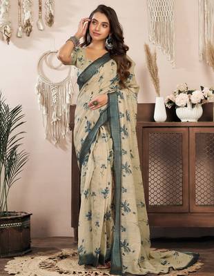 Beige linen floral printed ready to wear saree 1