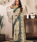 Beige linen floral printed ready to wear saree