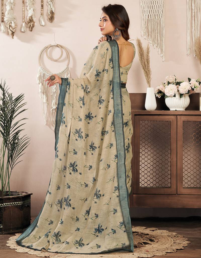 Beige linen floral printed ready to wear saree