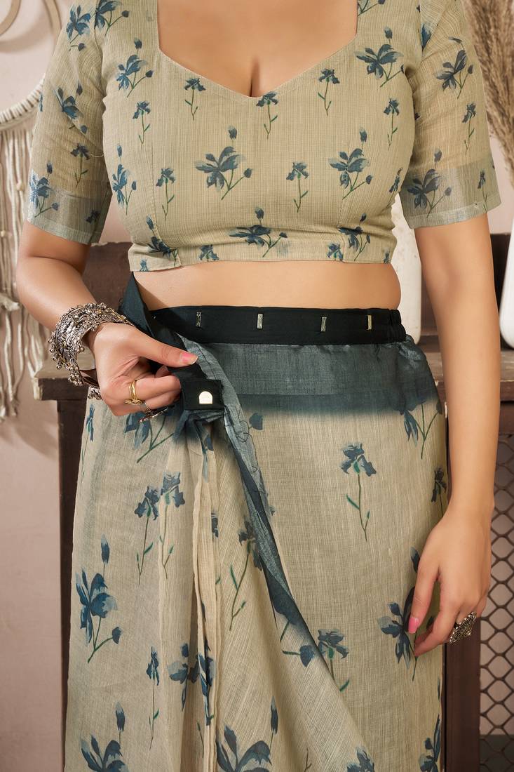 Beige linen floral printed ready to wear saree