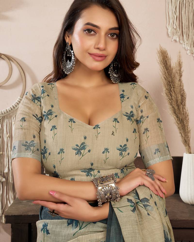 Beige linen floral printed ready to wear saree