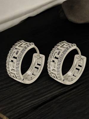 Silver plated greek key ameriacan diamond hoop earrings 1