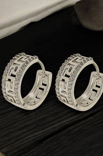 Silver plated greek key ameriacan diamond hoop earrings