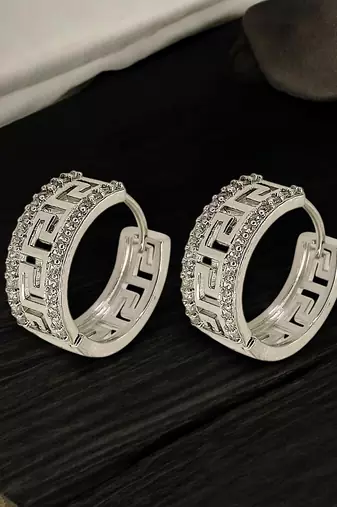 Silver plated greek key ameriacan diamond hoop earrings
