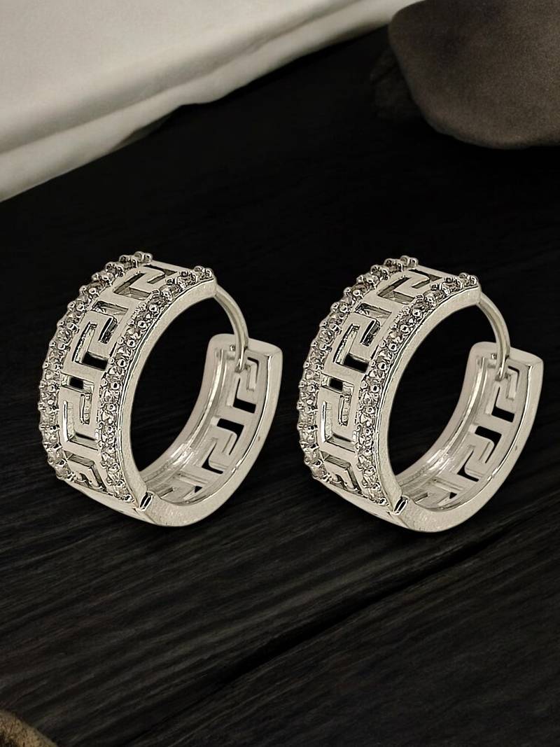Silver plated greek key ameriacan diamond hoop earrings