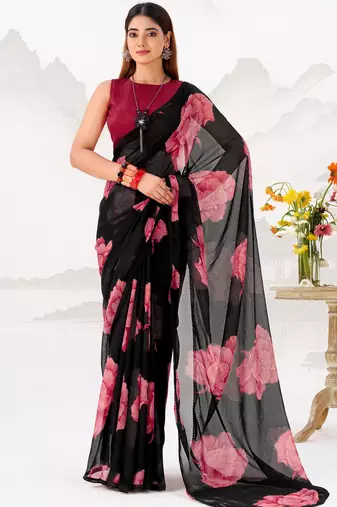 Black Floral Printed Chiffon Casual Wear Saree With Blouse