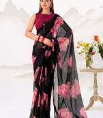 Dazzling Black Floral Printed Chiffon Casual Wear Saree With Blouse