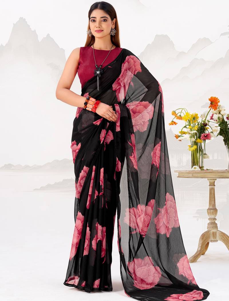 Dazzling Black Floral Printed Chiffon Casual Wear Saree With Blouse