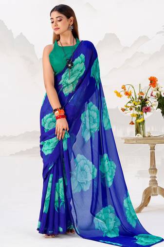 Stunning Blue Floral Printed Chiffon Office Wear Saree With Blouse
