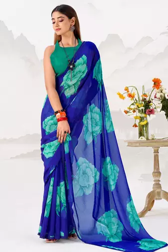 Blue Floral Printed Chiffon Office Wear Saree With Blouse