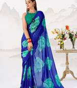 Stunning Blue Floral Printed Chiffon Office Wear Saree With Blouse