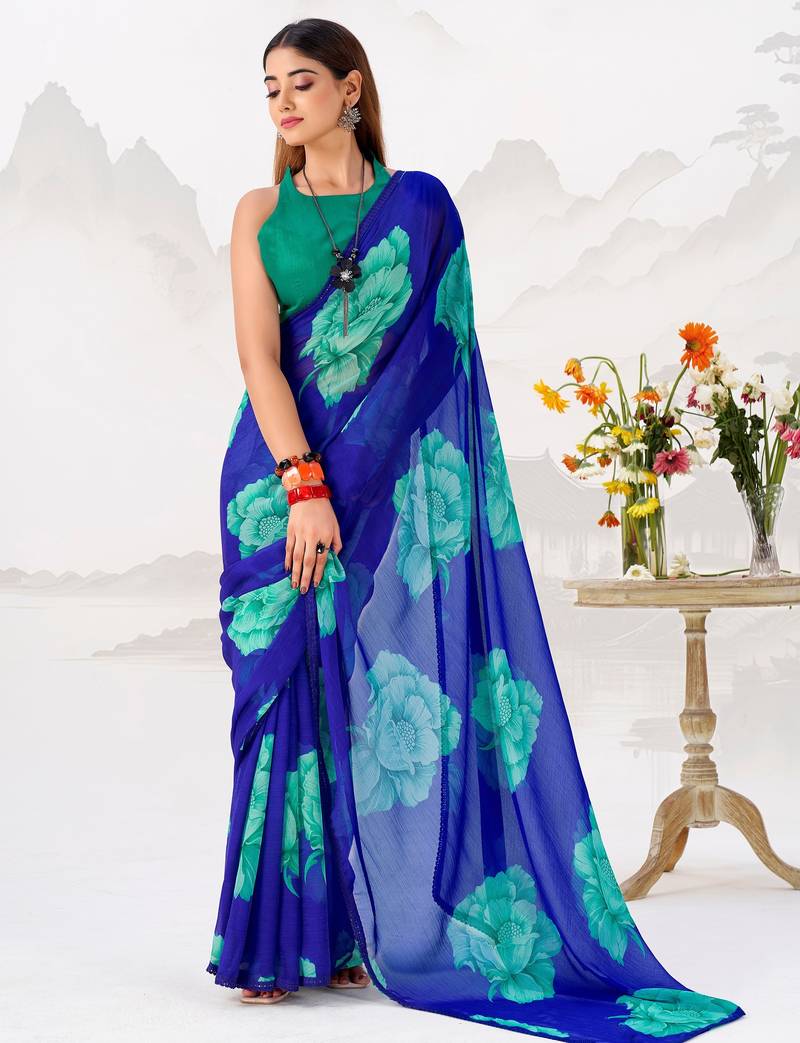 Stunning Blue Floral Printed Chiffon Office Wear Saree With Blouse