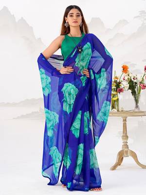Blue Floral Printed Chiffon Office Wear Saree With Blouse 2