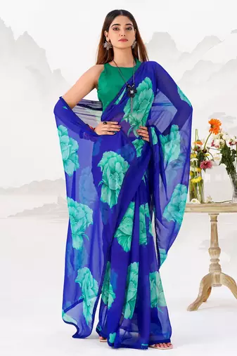 Blue Floral Printed Chiffon Office Wear Saree With Blouse