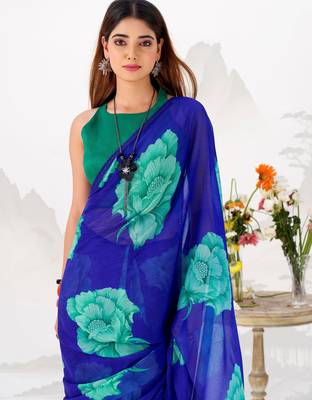 Blue Floral Printed Chiffon Office Wear Saree With Blouse 3