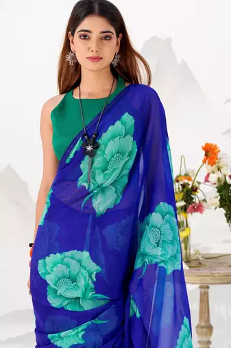 Blue Floral Printed Chiffon Office Wear Saree With Blouse