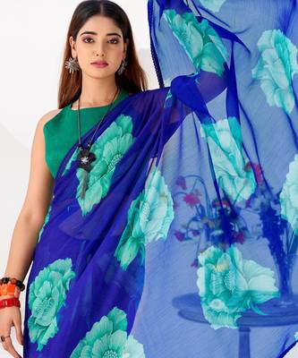 Blue Floral Printed Chiffon Office Wear Saree With Blouse 4