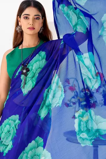 Blue Floral Printed Chiffon Office Wear Saree With Blouse