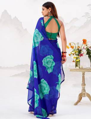 Blue Floral Printed Chiffon Office Wear Saree With Blouse 5