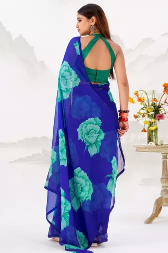 Blue Floral Printed Chiffon Office Wear Saree With Blouse