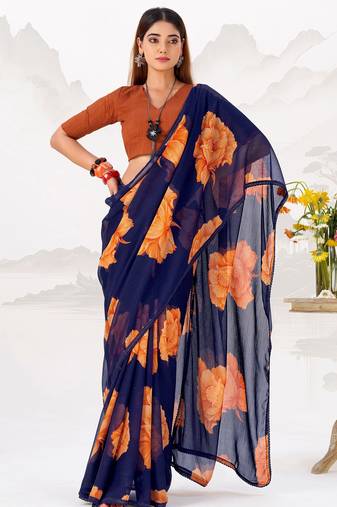 Impressive Blue Floral Printed Chiffon Casual Wear Saree With Blouse