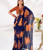 Impressive Blue Floral Printed Chiffon Casual Wear Saree With Blouse