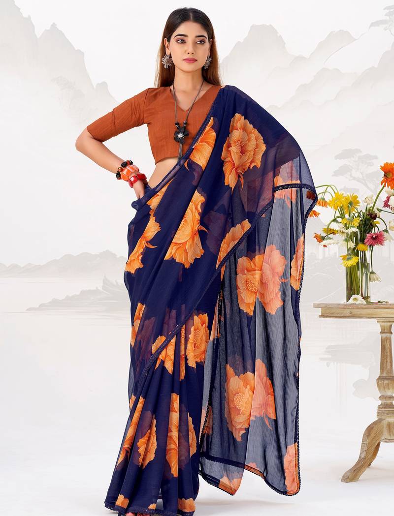 Impressive Blue Floral Printed Chiffon Casual Wear Saree With Blouse