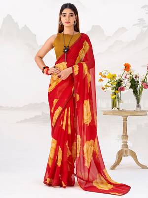 Red Floral Printed Chiffon Office Wear Saree With Blouse 1