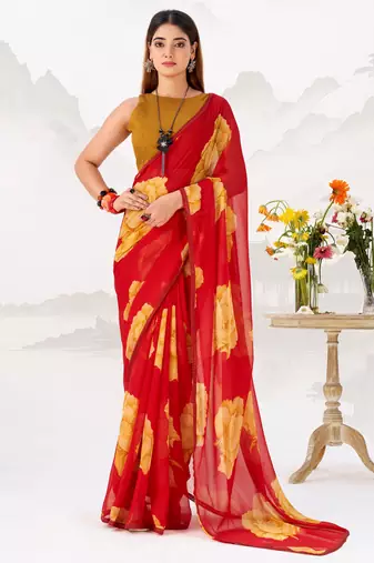 Attractive Red Floral Printed Chiffon Office Wear Saree With Blouse