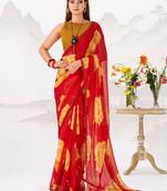 Attractive Red Floral Printed Chiffon Office Wear Saree With Blouse