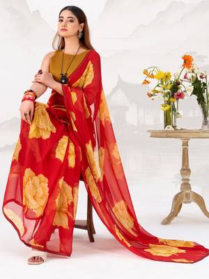Red Floral Printed Chiffon Office Wear Saree With Blouse 2