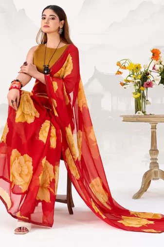 Red Floral Printed Chiffon Office Wear Saree With Blouse