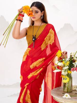 Red Floral Printed Chiffon Office Wear Saree With Blouse 3