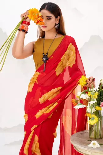 Red Floral Printed Chiffon Office Wear Saree With Blouse