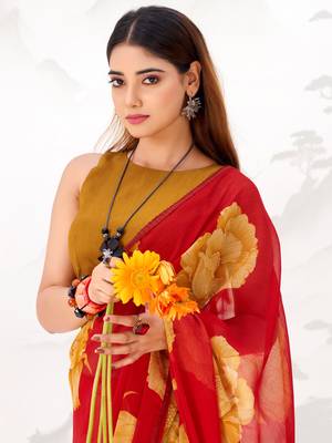 Red Floral Printed Chiffon Office Wear Saree With Blouse 4