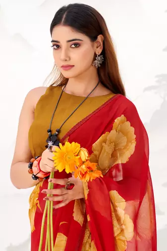 Red Floral Printed Chiffon Office Wear Saree With Blouse
