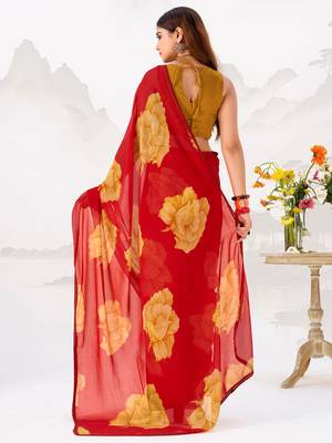 Red Floral Printed Chiffon Office Wear Saree With Blouse 5