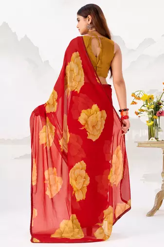 Red Floral Printed Chiffon Office Wear Saree With Blouse