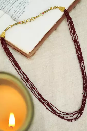 Gold plated maroon beads multi layer necklace and chain