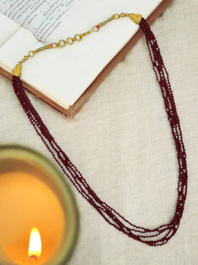 Gold plated maroon beads multi layer necklace and chain