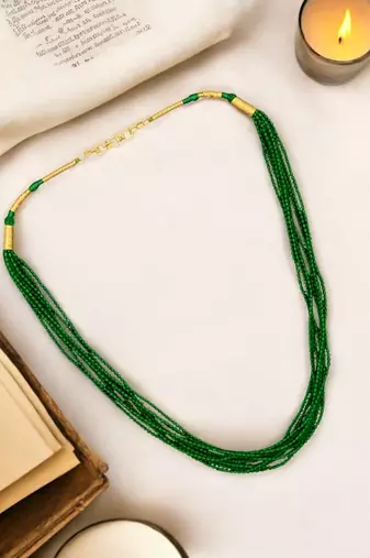 Gold plated green beads multi layer necklace and chain