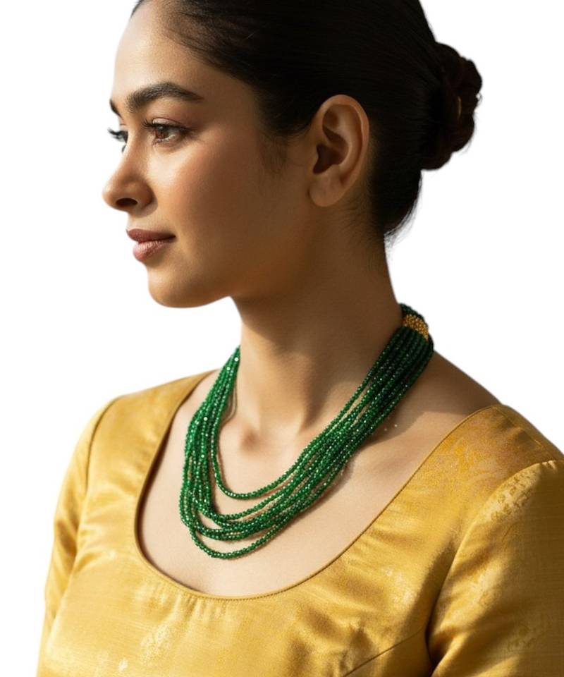 Gold plated green beads multi layer necklace and chain